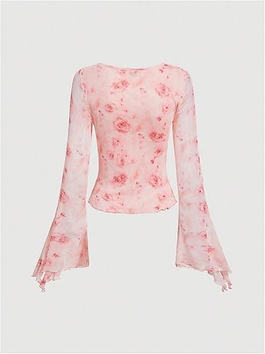 Y2K Tie Front Tops Bell Sleeve Floral Print Mesh Tops Long Sleeve Shirts 2000s Clothing