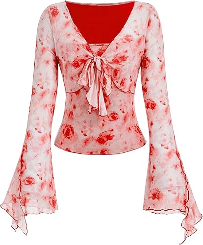 Y2K Tie Front Tops Bell Sleeve Floral Print Mesh Tops Long Sleeve Shirts 2000s Clothing