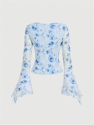 Y2K Tie Front Tops Bell Sleeve Floral Print Mesh Tops Long Sleeve Shirts 2000s Clothing
