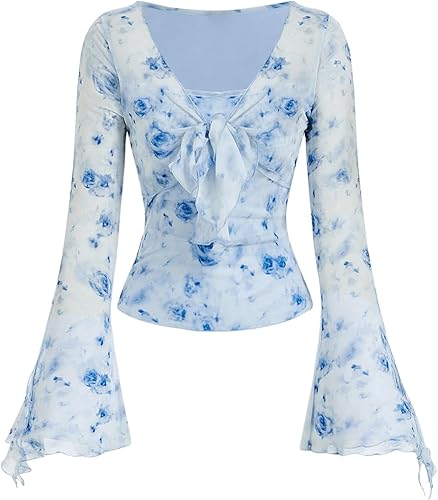 Y2K Tie Front Tops Bell Sleeve Floral Print Mesh Tops Long Sleeve Shirts 2000s Clothing