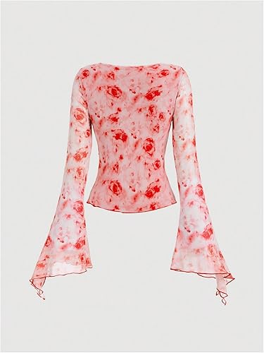 Y2K Tie Front Tops Bell Sleeve Floral Print Mesh Tops Long Sleeve Shirts 2000s Clothing