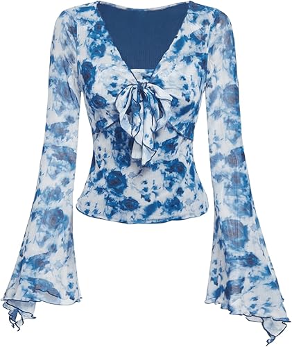 Y2K Tie Front Tops Bell Sleeve Floral Print Mesh Tops Long Sleeve Shirts 2000s Clothing