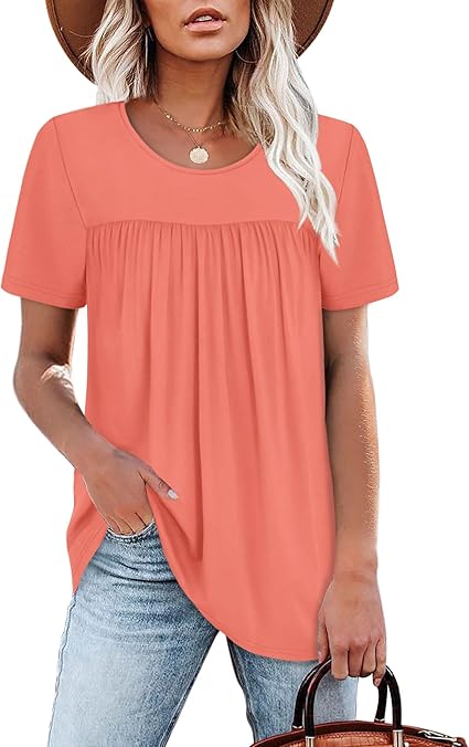 Womens Tops Short Sleeve T Shirts Pleated Dressy Casual Round Neck Summer Clothes Outfits Blouses Loose Fit