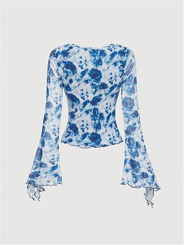 Y2K Tie Front Tops Bell Sleeve Floral Print Mesh Tops Long Sleeve Shirts 2000s Clothing