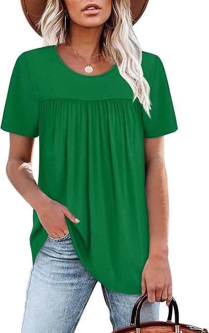 Womens Tops Short Sleeve T Shirts Pleated Dressy Casual Round Neck Summer Clothes Outfits Blouses Loose Fit