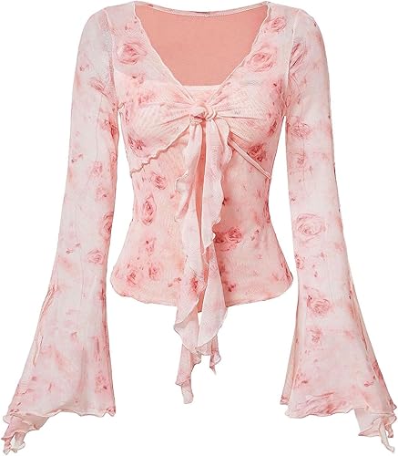 Y2K Tie Front Tops Bell Sleeve Floral Print Mesh Tops Long Sleeve Shirts 2000s Clothing