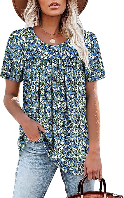 Womens Tops Short Sleeve T Shirts Pleated Dressy Casual Round Neck Summer Clothes Outfits Blouses Loose Fit