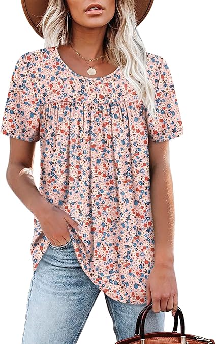 Womens Tops Short Sleeve T Shirts Pleated Dressy Casual Round Neck Summer Clothes Outfits Blouses Loose Fit