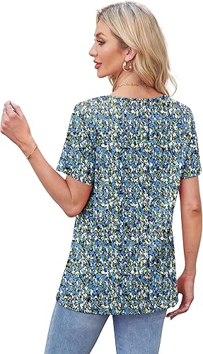 Womens Tops Short Sleeve T Shirts Pleated Dressy Casual Round Neck Summer Clothes Outfits Blouses Loose Fit