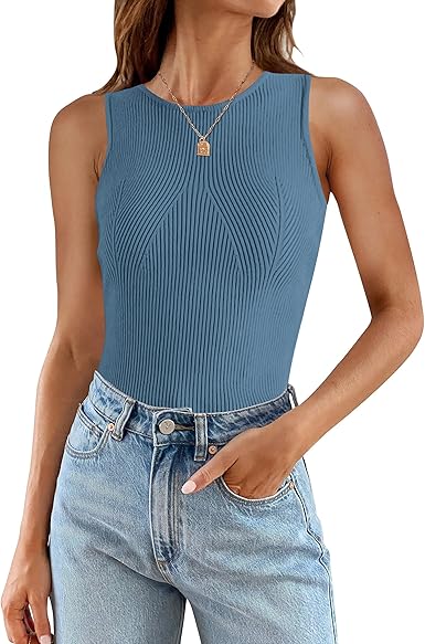 2025 Ribbed Tank Tops Summer Sleeveless High Neck Casual Slim Fitted Basic Knit Shirts